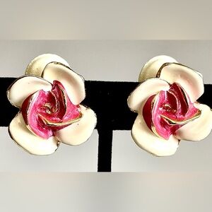 Vintage Enamel Flower Clip-On Earrings Pink Ivory Gold Tone Statement Floral Art